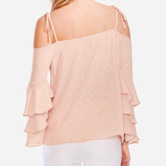 Vince Camuto Cold Shoulder Tiered Sleeve Pink & White Polka Dot Blouse Size XL - Picture 8 of 8